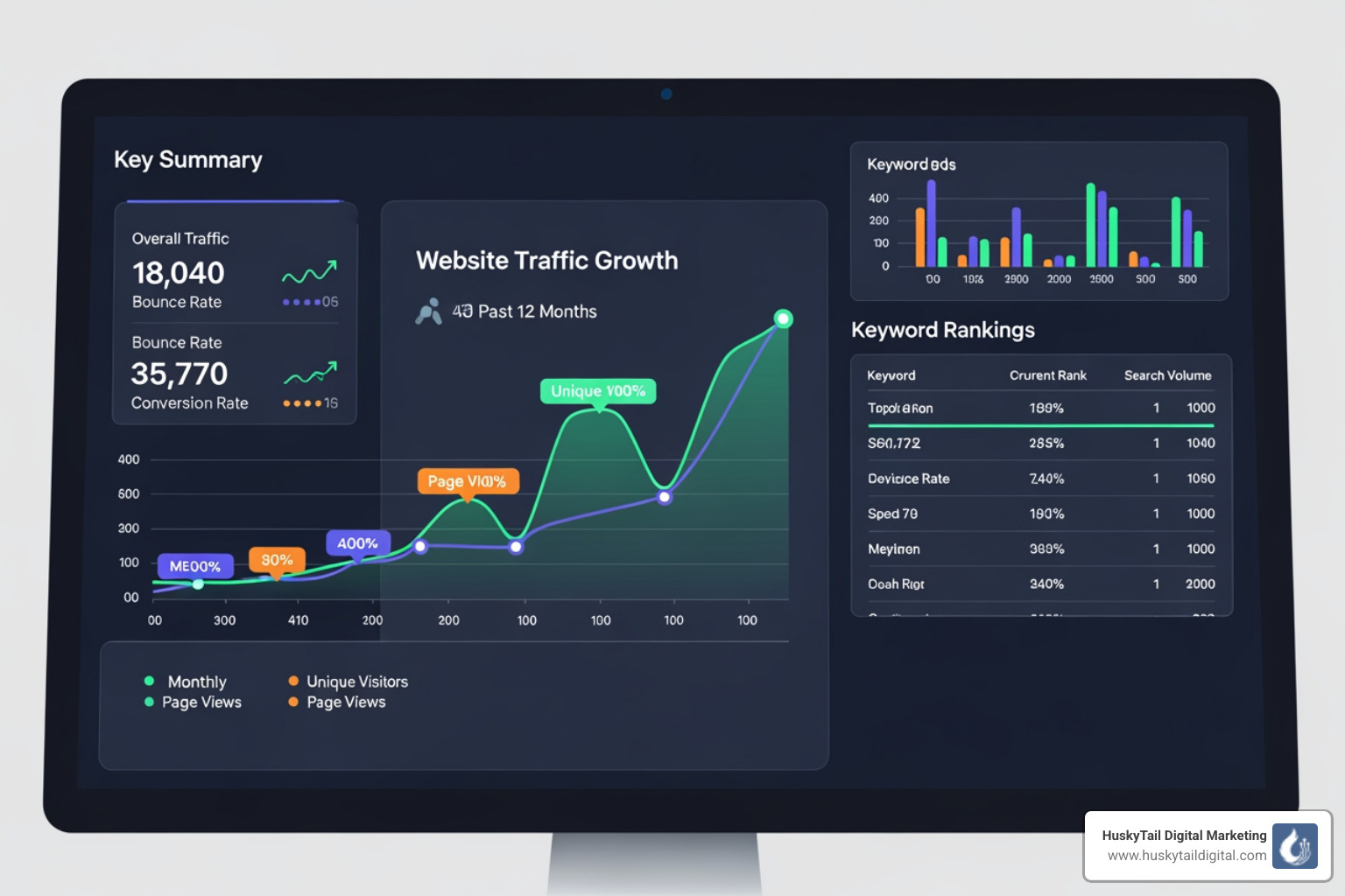 SEO metrics dashboard showing traffic growth and keyword rankings - colorado seo company SEO metrics dashboard showing traffic growth and keyword rankings - colorado seo company