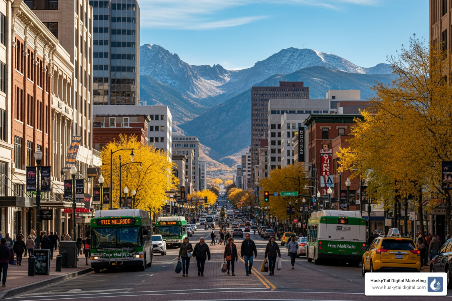 Denver street scene with mountains in the background - colorado seo company Denver street scene with mountains in the background - colorado seo company