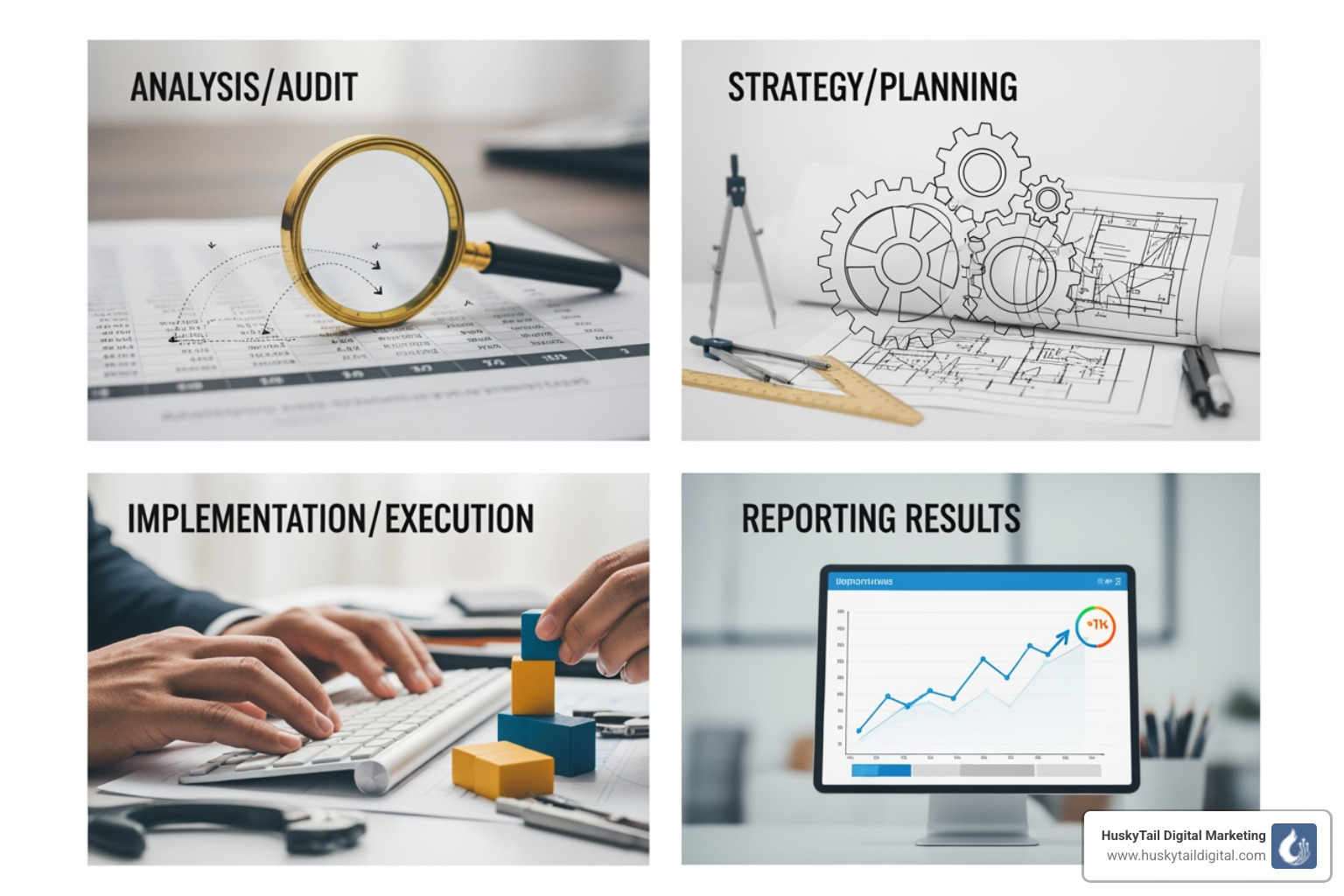 4-step SEO process: Audit, Strategy, Implementation, Reporting - florida seo expert