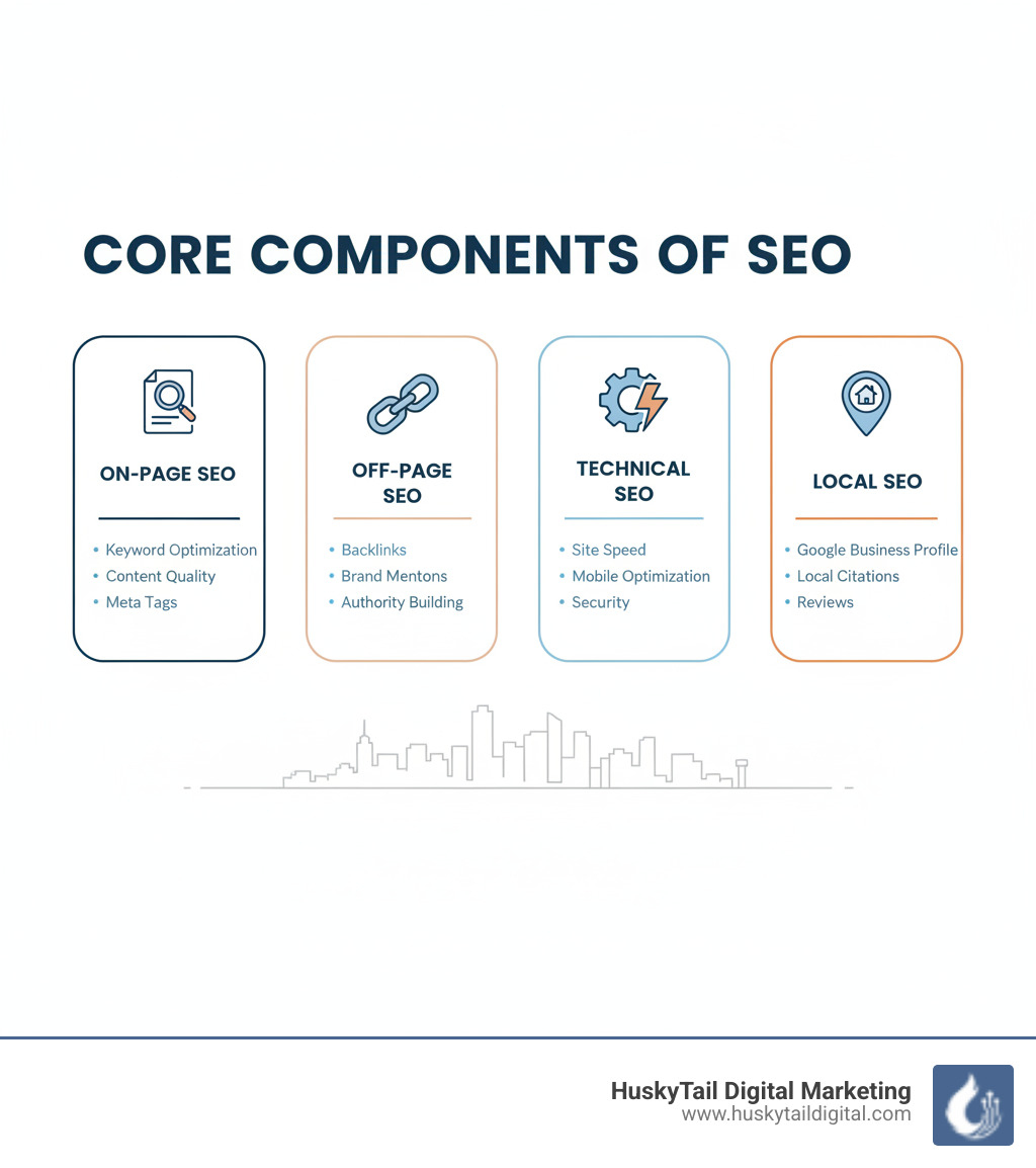 Infographic showing the four core components of SEO: On-Page SEO (keyword optimization, content quality, meta tags), Off-Page SEO (backlinks, brand mentions, authority building), Technical SEO (site speed, mobile optimization, security), and Local SEO (Google Business Profile, local citations, reviews) - seo denver colorado infographic 