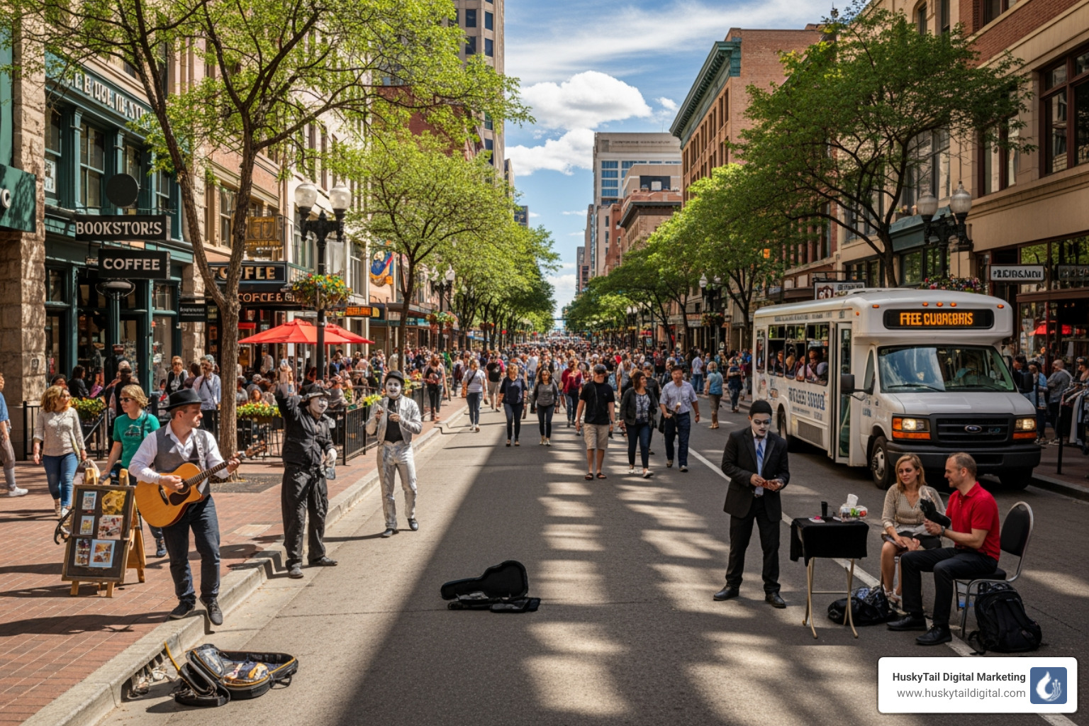 Busy Denver street like 16th Street Mall with pedestrians and businesses - seo denver colorado