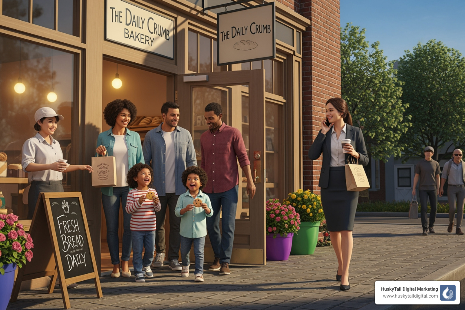 Happy customers leaving a small business storefront - local seo for small