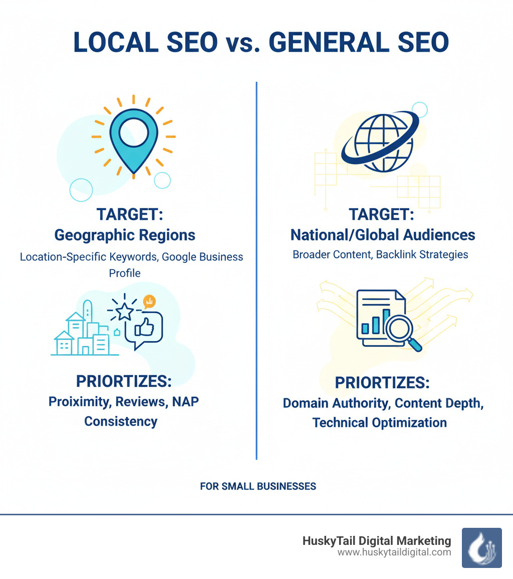 Infographic comparing Local SEO vs General SEO: Local SEO targets geographic regions with location-specific keywords and Google Business Profile optimization, while General SEO targets national/global audiences with broader content and backlink strategies. Local SEO prioritizes proximity, reviews, and NAP consistency; General SEO prioritizes domain authority, content depth, and technical optimization. - local seo for small infographic 