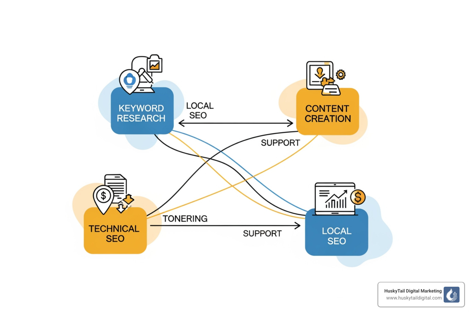 Flowchart showing how different SEO services connect, including keyword research flowing into content, technical SEO supporting all, and local SEO integrated throughout - orlando seo services
