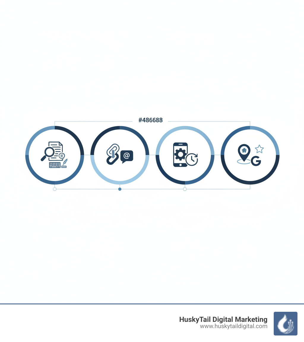 Infographic showing the four core components of SEO: On-Page SEO including keyword optimization and content quality, Off-Page SEO featuring backlinks and brand mentions, Technical SEO covering site speed and mobile optimization, and Local SEO with Google Business Profile and local citations - orlando seo services infographic 