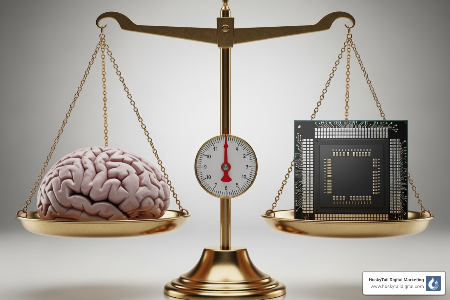 A scale balancing a brain (creativity) and a microchip (AI) - AI content generation