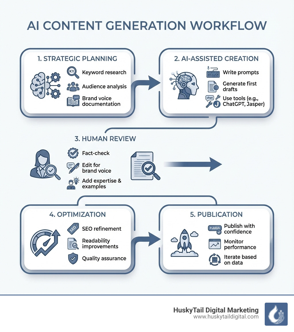 Infographic showing the AI content generation workflow: 1) Strategic Planning (keyword research, audience analysis, brand voice documentation), 2) AI-Assisted Creation (write prompts, generate first drafts, use tools like ChatGPT or Jasper), 3) Human Review (fact-check, edit for brand voice, add expertise and examples), 4) Optimization (SEO refinement, readability improvements, quality assurance), 5) Publication (publish with confidence, monitor performance, iterate based on data) - AI content generation infographic 