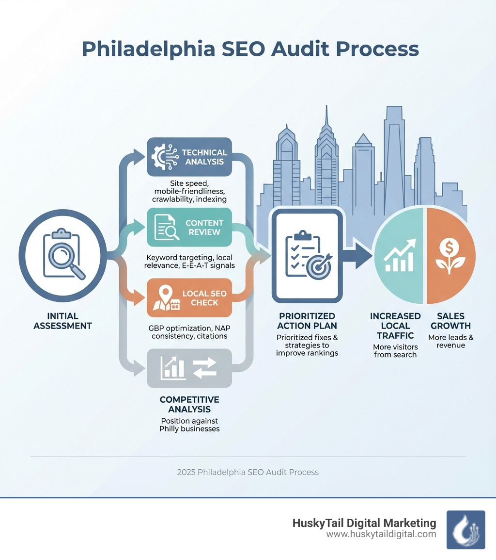 Infographic showing the Philadelphia SEO audit process: Initial Assessment leads to Technical Analysis, Content Review, Local SEO Check, and Competitive Analysis, which then flows to Prioritized Action Plan, resulting in Increased Local Traffic and Sales Growth - Philadelphia SEO audit infographic 