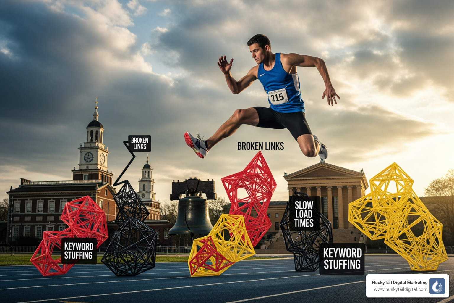 Runner jumping over SEO problems with Philadelphia landmarks in the background - Philadelphia SEO audit