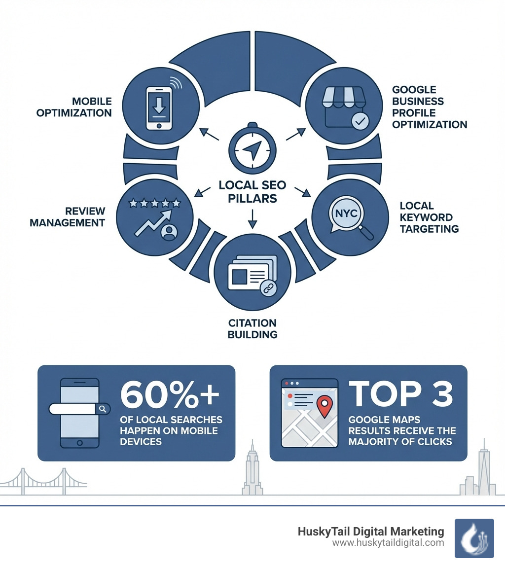 infographic showing the core pillars of local SEO: Google Business Profile optimization, local keyword targeting, citation building, review management, and mobile optimization, with statistics showing that 60%+ of local searches happen on mobile devices and businesses in the top 3 Google Maps results receive the majority of clicks - local seo new york ny infographic 
