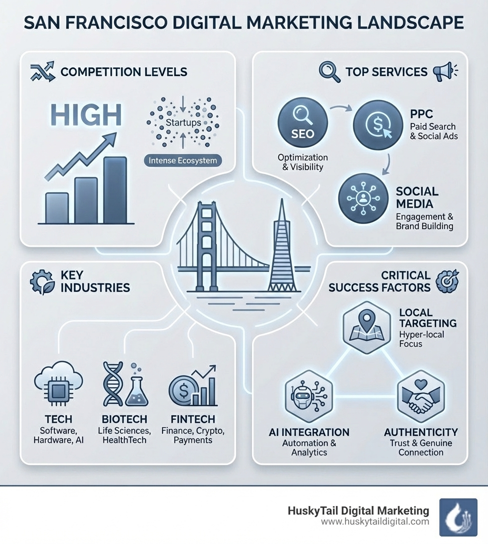 Infographic showing San Francisco digital marketing landscape including competition levels, top services (SEO, PPC, Social Media), key industries (Tech, Biotech, Fintech), and critical success factors (local targeting, AI integration, authenticity) - San Francisco digital marketing infographic 