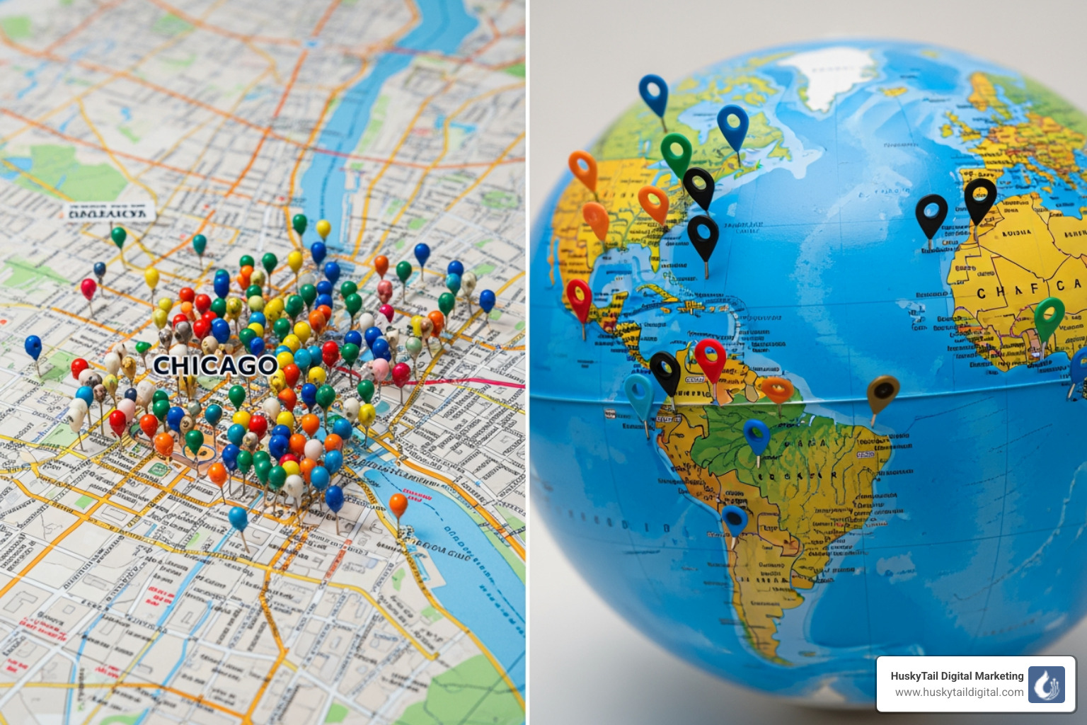 map of Chicago with pins versus a globe, illustrating the difference between local and national SEO - local seo services chicago