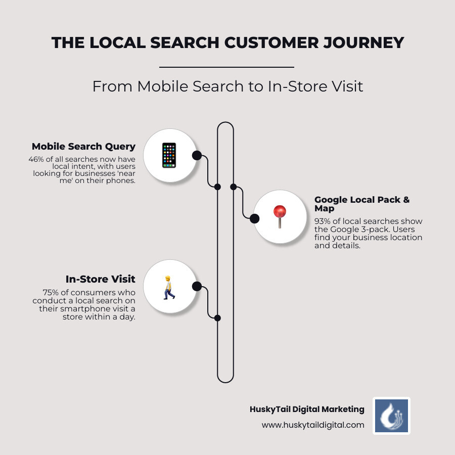 Infographic showing the customer journey from local search query on mobile device, to viewing Google Local Pack results with map, to visiting physical store location, with statistics: 46% searches have local intent, 93% show 3-pack, 75% visit store within 24 hours - local seo miami fl infographic infographic-line-3-steps-elegant_beige Infographic showing the customer journey from local search query on mobile device, to viewing Google Local Pack results with map, to visiting physical store location, with statistics: 46% searches have local intent, 93% show 3-pack, 75% visit store within 24 hours - local seo miami fl infographic infographic-line-3-steps-elegant_beige