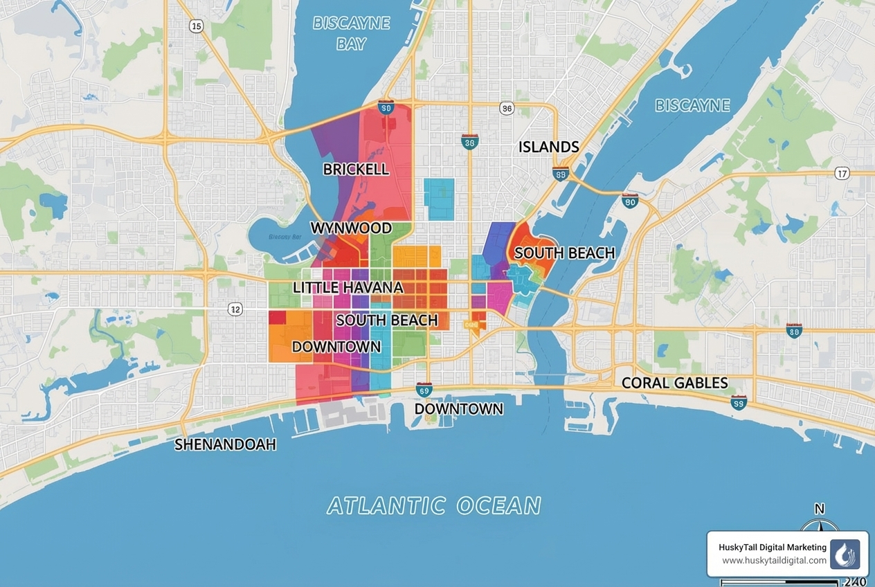 A digital map of Miami highlighting various neighborhoods like Brickell, Wynwood, Little Havana - local seo miami fl A digital map of Miami highlighting various neighborhoods like Brickell, Wynwood, Little Havana - local seo miami fl