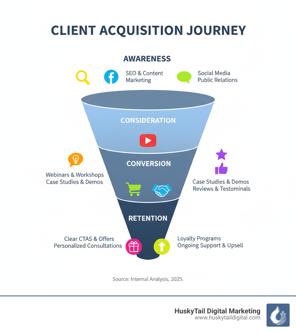 infographic showing the client acquisition funnel from awareness through consideration, conversion, and retention stages with key tactics at each level - Get more clients infographic 