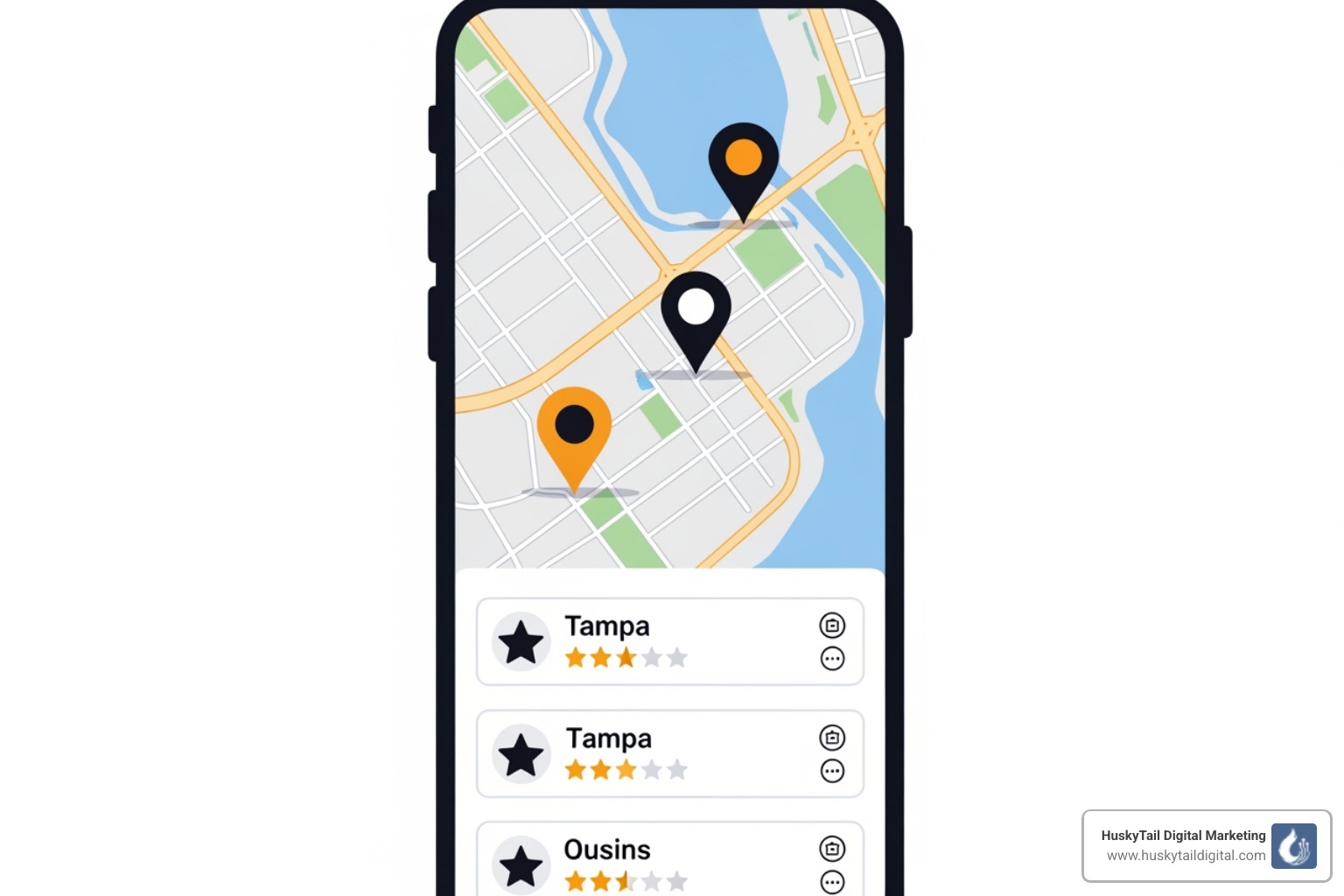 Google Maps Local Pack results for a "near me" search in Tampa showing three top-ranked businesses with ratings and quick links - GMB optimization Tampa