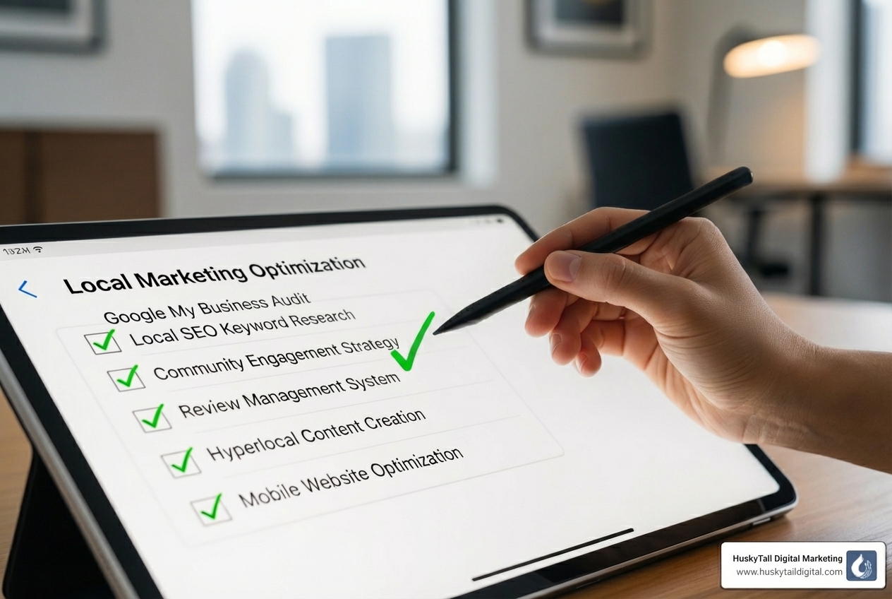 Checklist showing core local SEO components: Google Business Profile optimization, On-page SEO, Technical SEO, Local Citation Building, Local Link Building, Review Management, Local Content Creation - best local seo services in boston