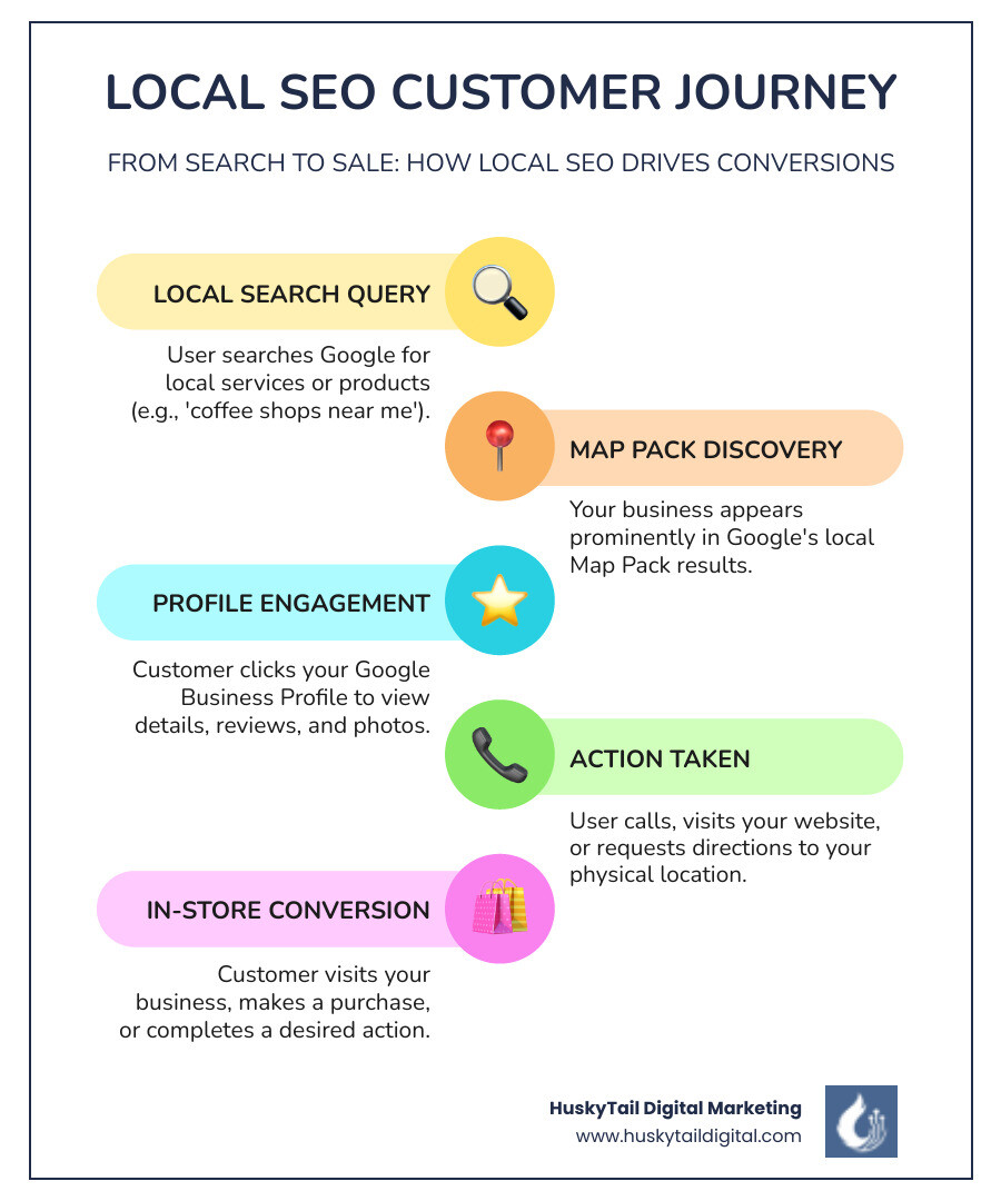 Infographic showing the customer journey from local Google search query to business discovery in Map Pack to website visit to phone call or in-store purchase, with key metrics at each stage - best local seo services in boston infographic infographic-line-5-steps-colors
