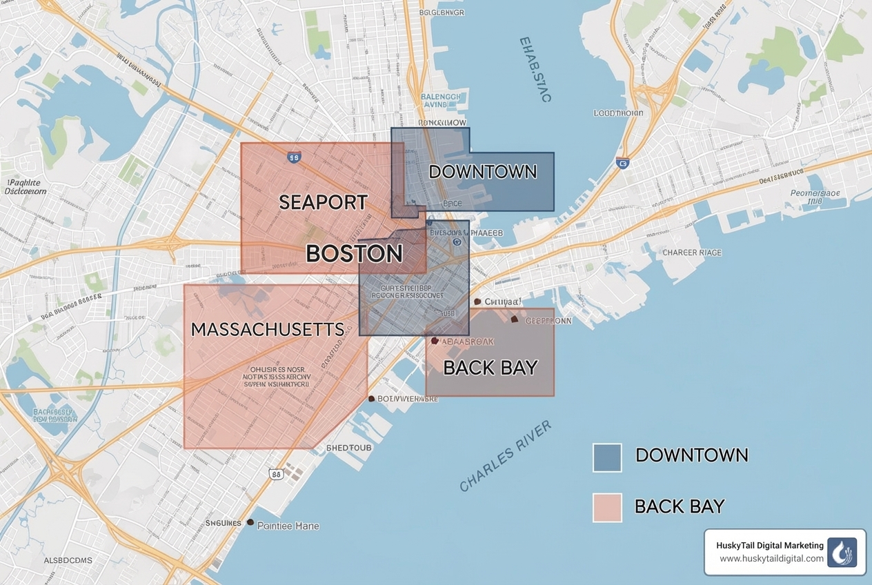 Map of Boston highlighting key business districts like Seaport, Downtown, and Back Bay - best local seo services in boston