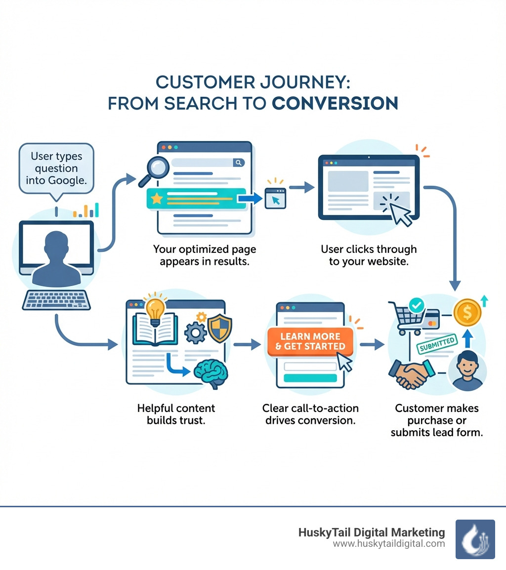 Infographic showing the customer journey from search query to purchase: 1) User types question into Google, 2) Your optimized page appears in results, 3) User clicks through to your website, 4) Helpful content builds trust, 5) Clear call-to-action drives conversion, 6) Customer makes purchase or submits lead form - digital seo solutions infographic Infographic showing the customer journey from search query to purchase: 1) User types question into Google, 2) Your optimized page appears in results, 3) User clicks through to your website, 4) Helpful content builds trust, 5) Clear call-to-action drives conversion, 6) Customer makes purchase or submits lead form - digital seo solutions infographic