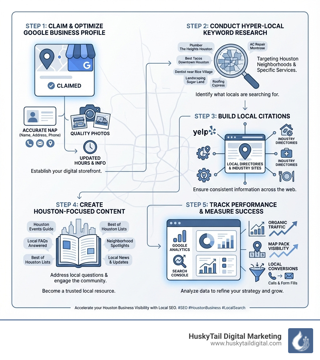 Detailed infographic illustrating the local SEO process for Houston businesses: Step 1 - Claim and optimize Google Business Profile with accurate NAP and photos; Step 2 - Conduct hyper-local keyword research targeting Houston neighborhoods; Step 3 - Build local citations on directories like Yelp and industry-specific sites; Step 4 - Create Houston-focused content addressing local questions and events; Step 5 - Track performance using Google Analytics and Search Console, measuring organic traffic, map pack visibility, and local conversions - SEO near me Houston infographic 