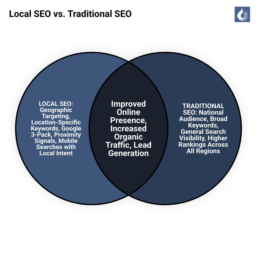 Infographic comparing Local SEO and Traditional SEO showing key differences: Local SEO focuses on geographic targeting, location-specific keywords, Google's 3-Pack, proximity signals, and mobile searches with local intent; Traditional SEO focuses on national audience, broad keywords, higher rankings across all regions, and general search visibility - atlanta ga local seo companies infographic venn_diagram Infographic comparing Local SEO and Traditional SEO showing key differences: Local SEO focuses on geographic targeting, location-specific keywords, Google's 3-Pack, proximity signals, and mobile searches with local intent; Traditional SEO focuses on national audience, broad keywords, higher rankings across all regions, and general search visibility - atlanta ga local seo companies infographic venn_diagram