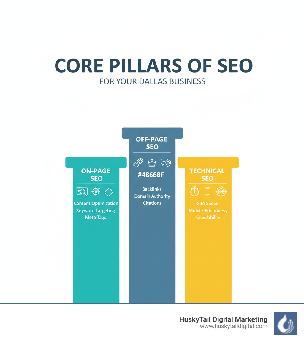 Infographic showing the three core pillars of SEO: On-Page SEO (content optimization, keyword targeting, meta tags), Off-Page SEO (backlinks, domain authority, citations), and Technical SEO (site speed, mobile-friendliness, crawlability) - dallas seo company infographic 
