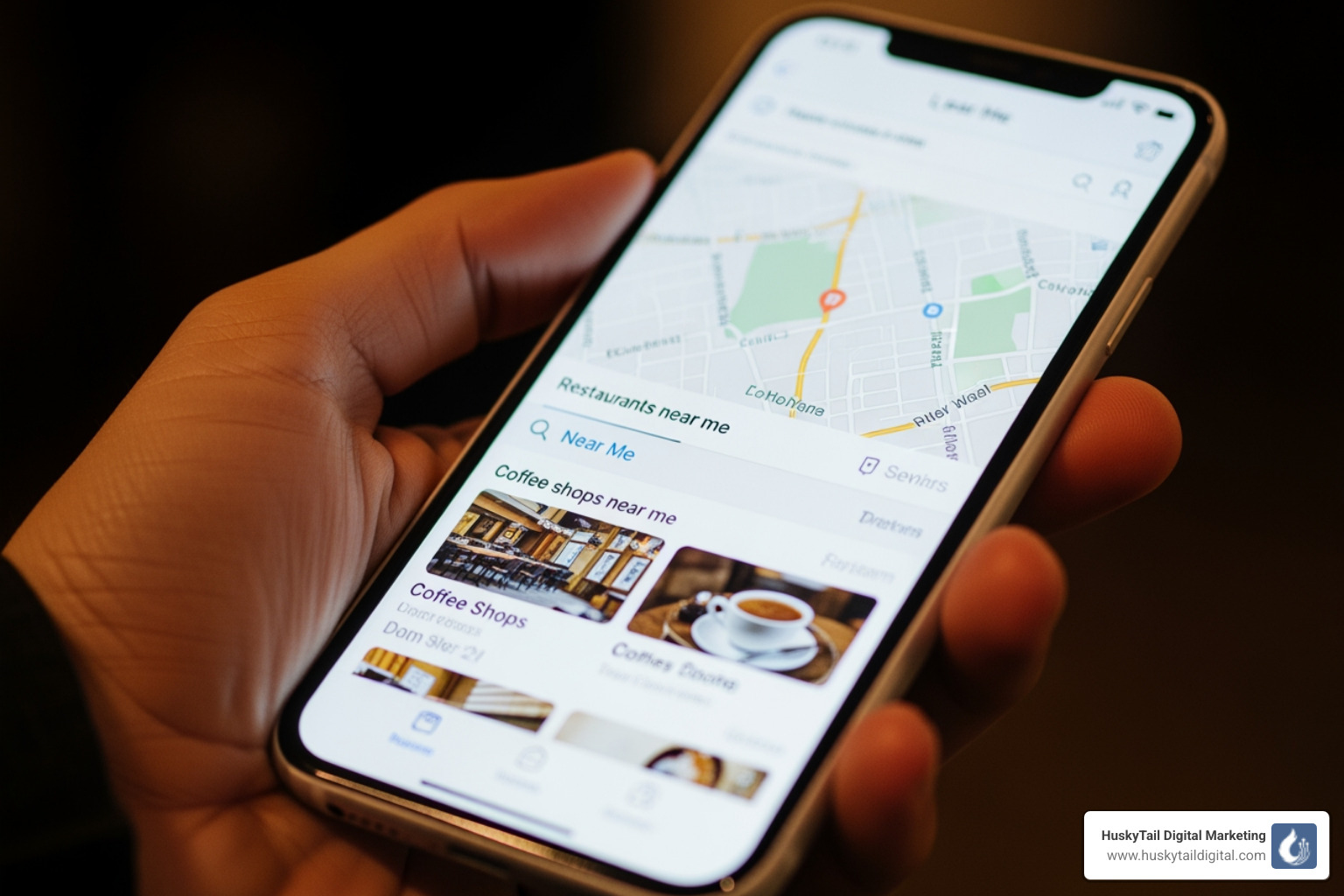 smartphone displaying a "near me" search result - local seo for small businesses smartphone displaying a "near me" search result - local seo for small businesses