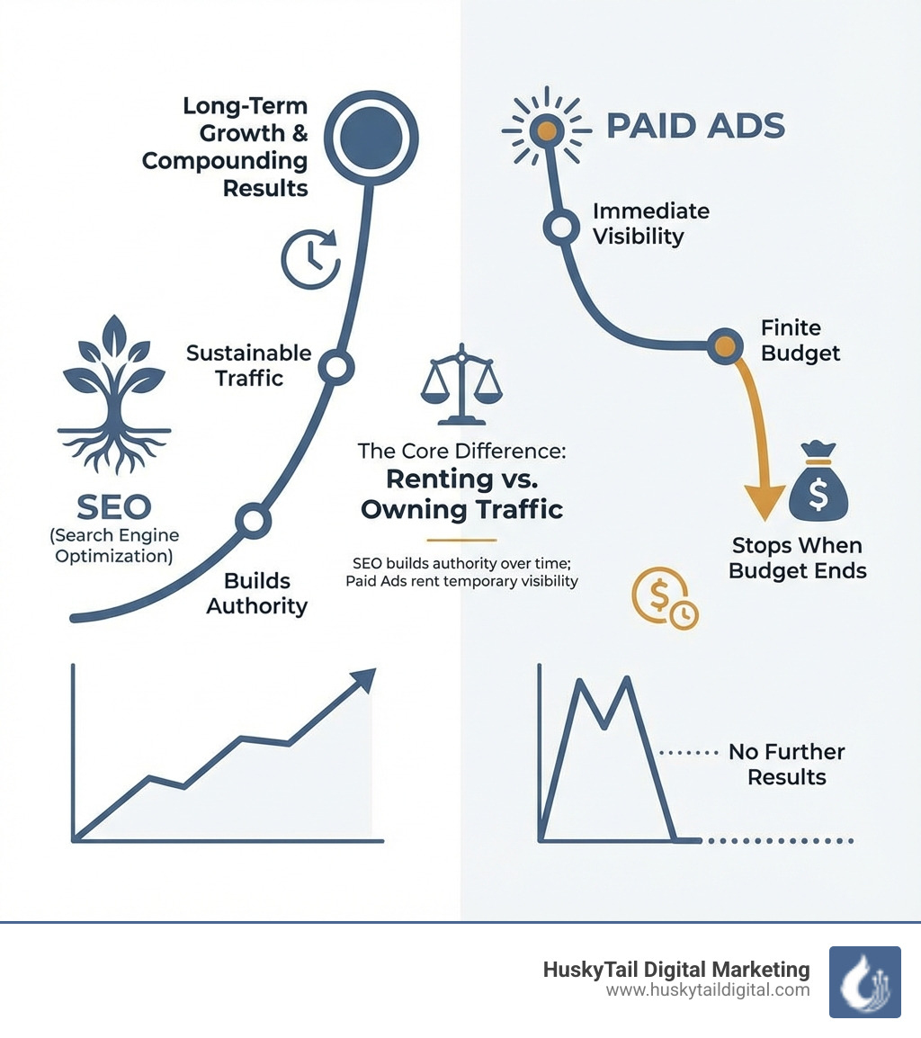infographic showing the difference between SEO and paid ads, with SEO building long-term sustainable traffic and authority while paid ads provide immediate visibility but stop when budget ends - austin seo agency infographic 