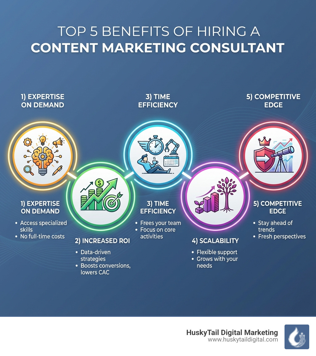 Infographic showing the top 5 benefits of hiring a content marketing consultant: 1) Expertise on Demand - Access specialized skills without full-time costs, 2) Increased ROI - Data-driven strategies that improve conversion rates and reduce customer acquisition costs, 3) Time Efficiency - Frees your team to focus on core business activities, 4) Scalability - Flexible support that grows with your business needs, 5) Competitive Edge - Stay ahead of trends with fresh perspectives and industry insights - content marketing consultant for your business infographic 