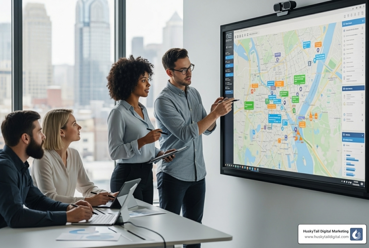 Team collaborating around a computer screen showing a map of Philadelphia - local seo agency philadelphia