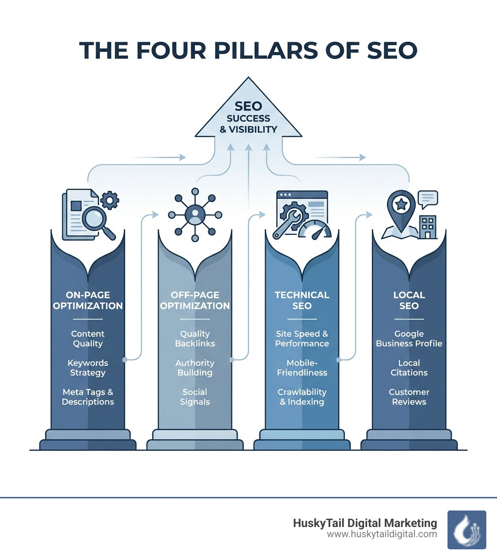 Infographic showing the four pillars of SEO: On-Page Optimization (content, keywords, meta tags), Off-Page Optimization (backlinks, authority building), Technical SEO (site speed, mobile-friendliness, crawlability), and Local SEO (Google Business Profile, citations, reviews) - seo ny infographic 
