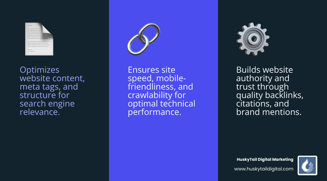 Infographic showing three pillars of SEO: On-Page Optimization (content, meta tags, site structure), Off-Page Optimization (backlinks, citations, brand mentions), and Technical SEO (site speed, mobile-friendliness, crawlability) - seo expert california infographic 3_facts_emoji_blue Infographic showing three pillars of SEO: On-Page Optimization (content, meta tags, site structure), Off-Page Optimization (backlinks, citations, brand mentions), and Technical SEO (site speed, mobile-friendliness, crawlability) - seo expert california infographic 3_facts_emoji_blue