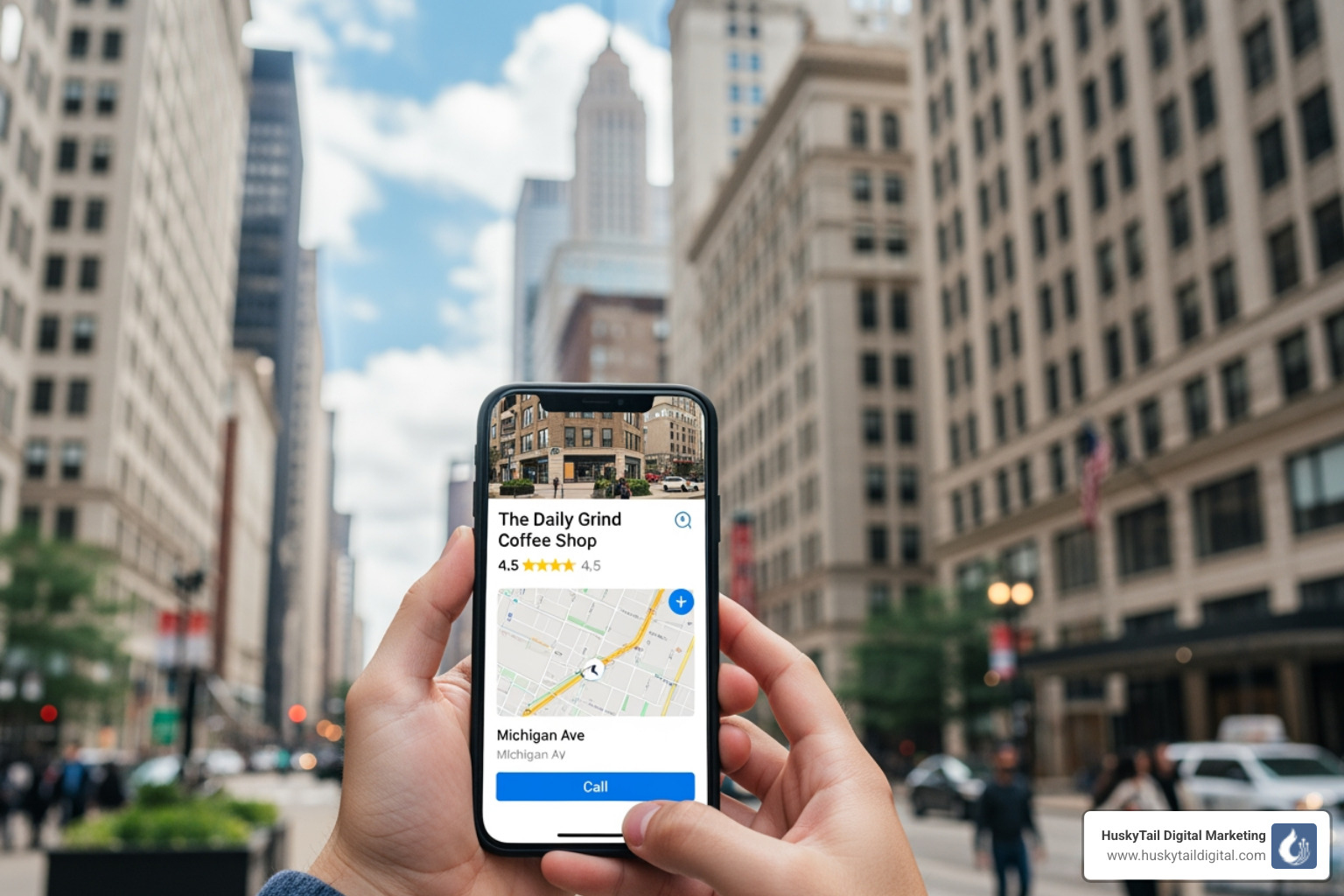 A person searching on a phone with a Chicago street in the background, showing a local business listing - chicago local seo marketing