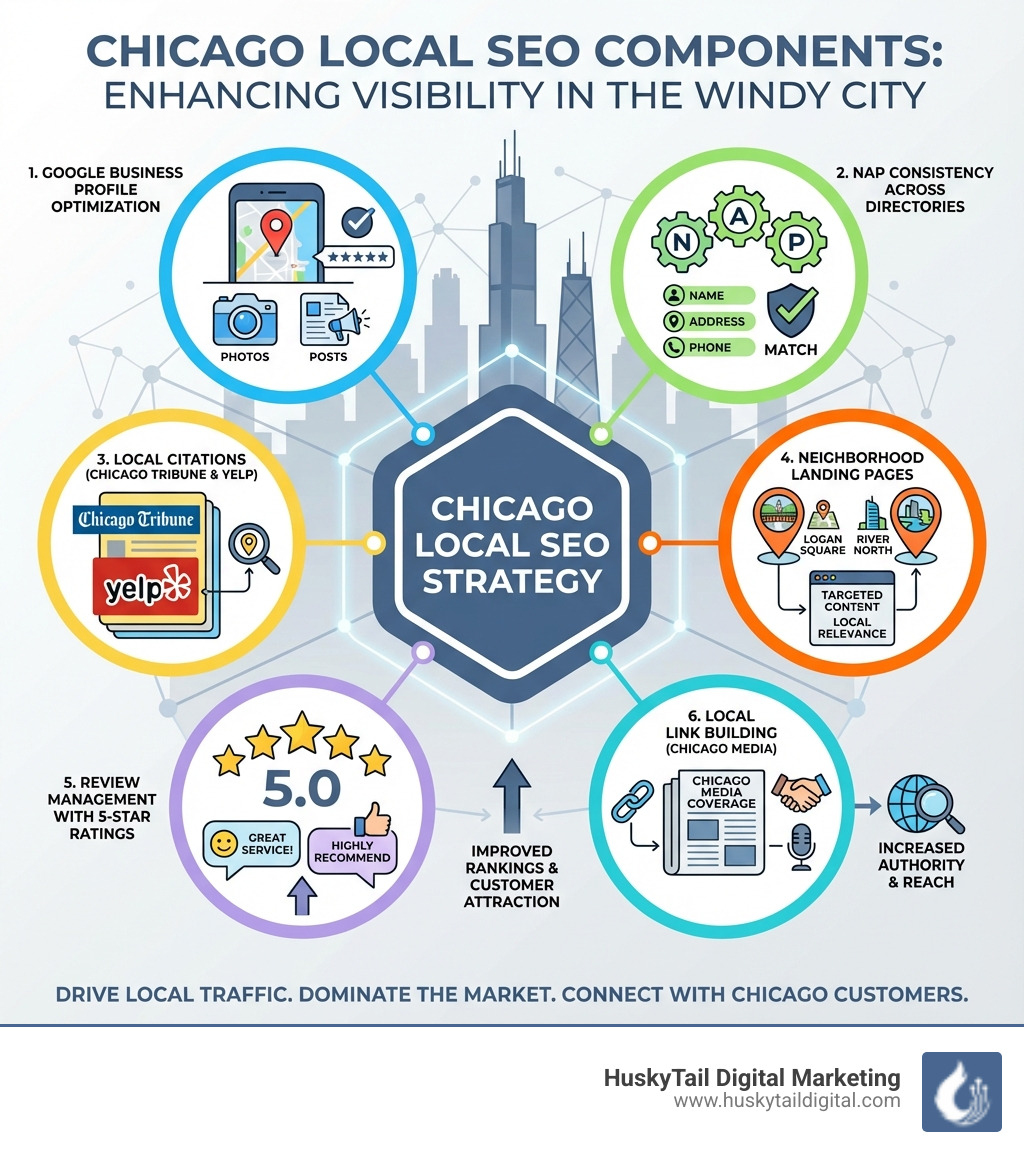 Infographic showing Chicago Local SEO Components: Google Business Profile Optimization with photos and posts, NAP Consistency across directories, Local Citations from Chicago Tribune and Yelp, Neighborhood Landing Pages for Logan Square and River North, Review Management with 5-star ratings, and Local Link Building from Chicago media - chicago local seo marketing infographic 