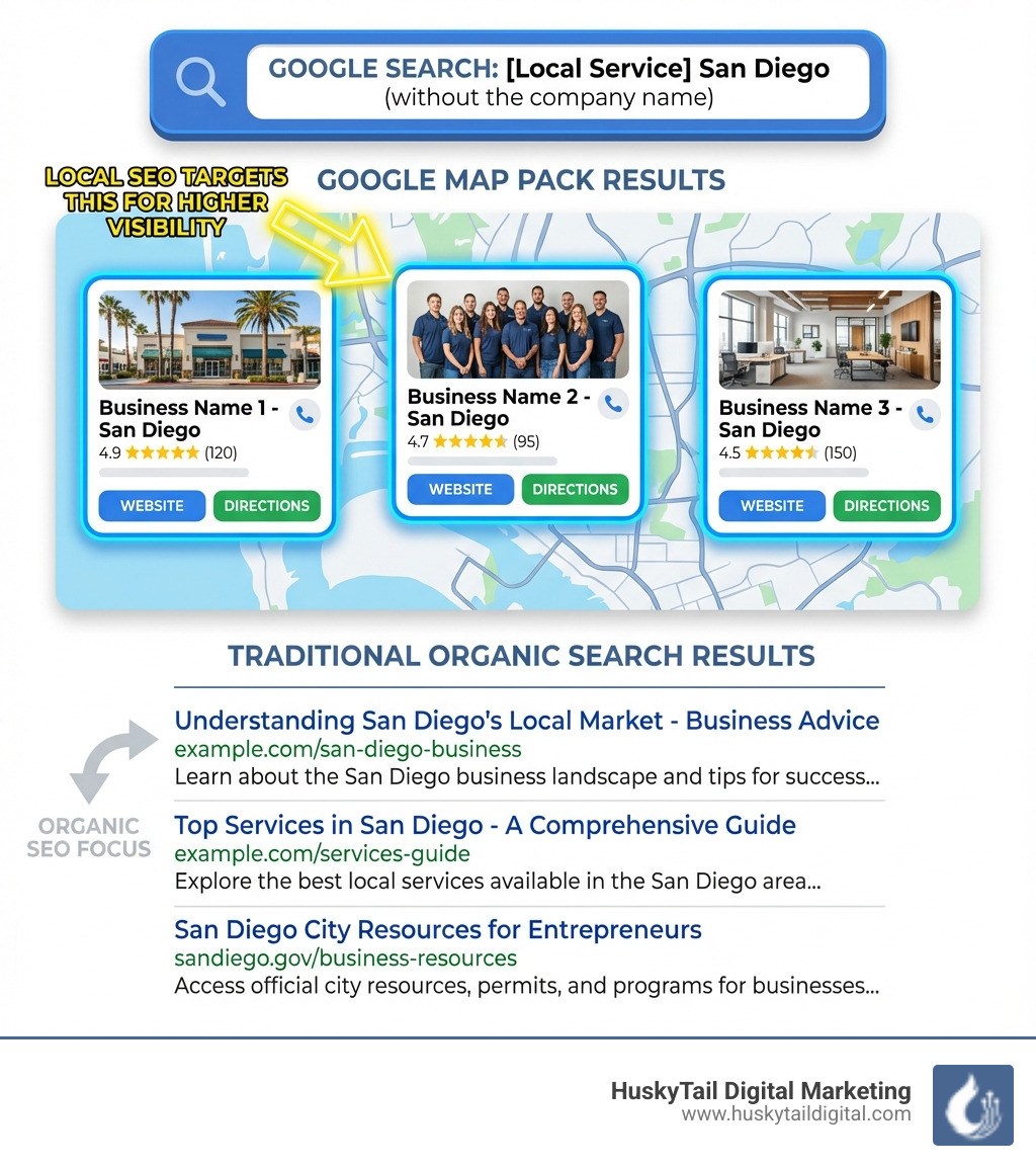 Infographic showing the difference between Google Map Pack results at the top of search with business listings and photos, versus traditional organic search results listed below, highlighting how local SEO targets the Map Pack for higher visibility - local seo expert san diego infographic 