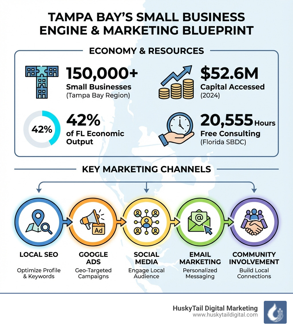 Infographic showing Tampa's small business economy: 150,000+ small businesses in Tampa Bay region, 42% of Florida's economic output generated by small businesses, $52.6M in business capital accessed in 2024, 20,555 hours of free consulting provided by Florida SBDC, and key marketing channels including Local SEO, Google Ads, Social Media, Email Marketing, and Community Involvement - Tampa small business marketing infographic 