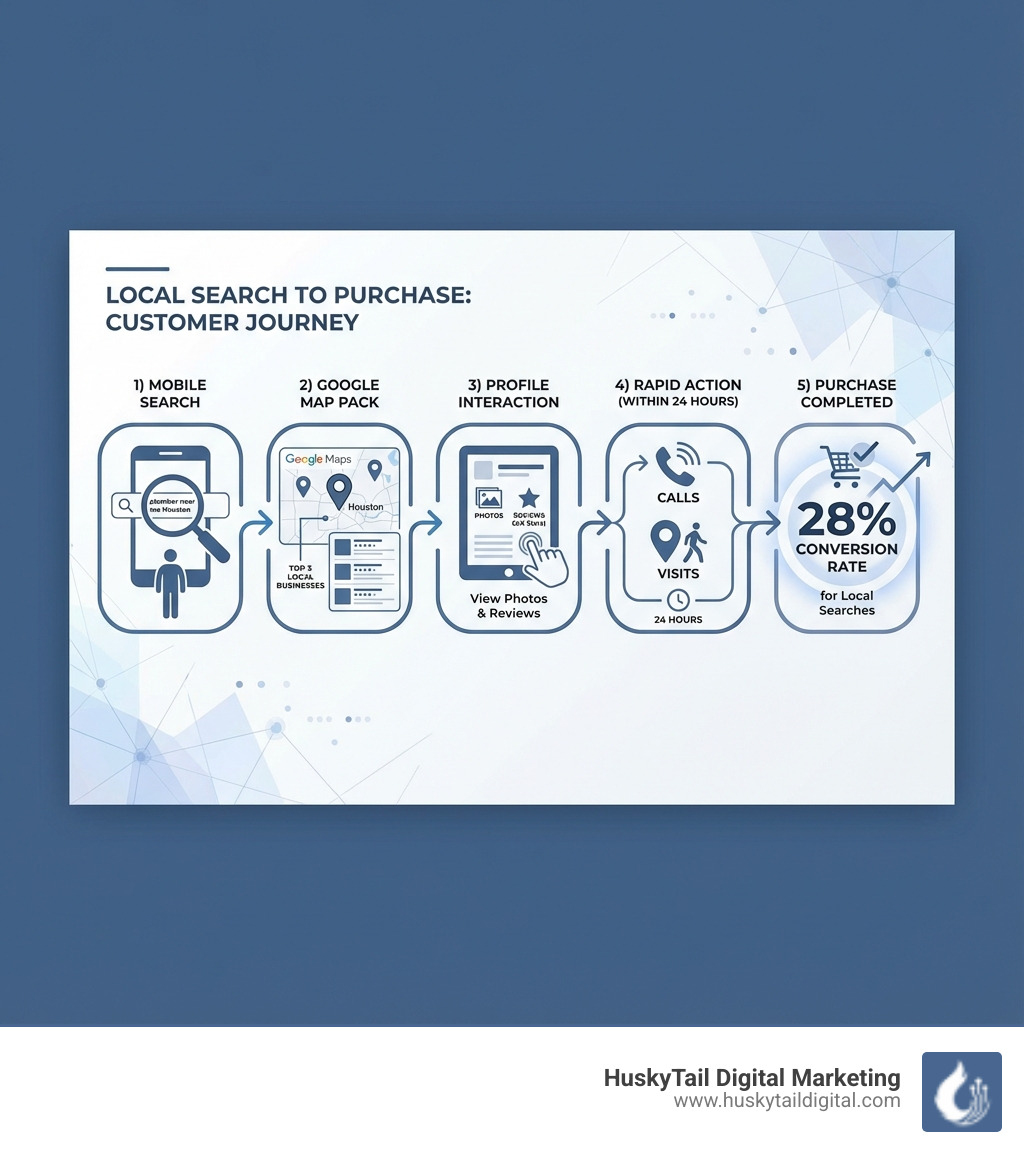 Infographic showing the customer journey from local search to purchase, including steps: 1) User searches "plumber near me Houston" on mobile, 2) Google displays Map Pack with top 3 local businesses, 3) User clicks business profile to view photos and reviews, 4) User calls or visits business within 24 hours, 5) Purchase completed - 28% conversion rate for local searches - local SEO expert Houston infographic Infographic showing the customer journey from local search to purchase, including steps: 1) User searches "plumber near me Houston" on mobile, 2) Google displays Map Pack with top 3 local businesses, 3) User clicks business profile to view photos and reviews, 4) User calls or visits business within 24 hours, 5) Purchase completed - 28% conversion rate for local searches - local SEO expert Houston infographic