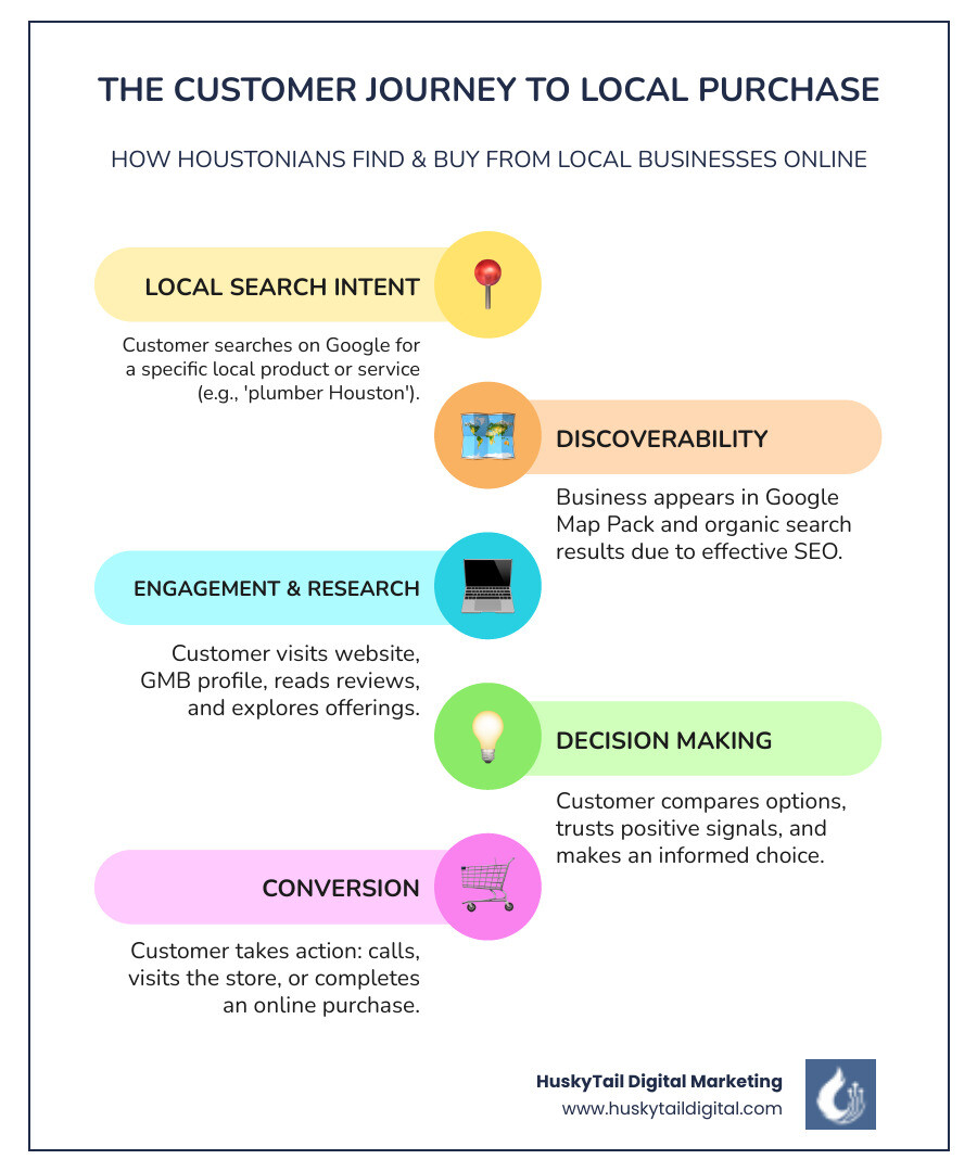 Infographic showing the customer journey from Google search to business purchase, including local search intent, map pack visibility, organic rankings, and conversion touchpoints - houston seo company infographic infographic-line-5-steps-colors