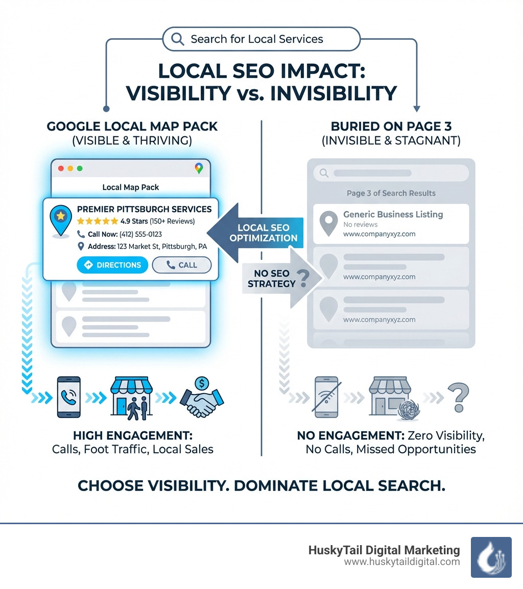 Infographic showing a business appearing in Google's local map pack with star ratings, contact information, and directions versus a business buried on page 3 of search results with no visibility or customer engagement - local seo company pittsburgh infographic 