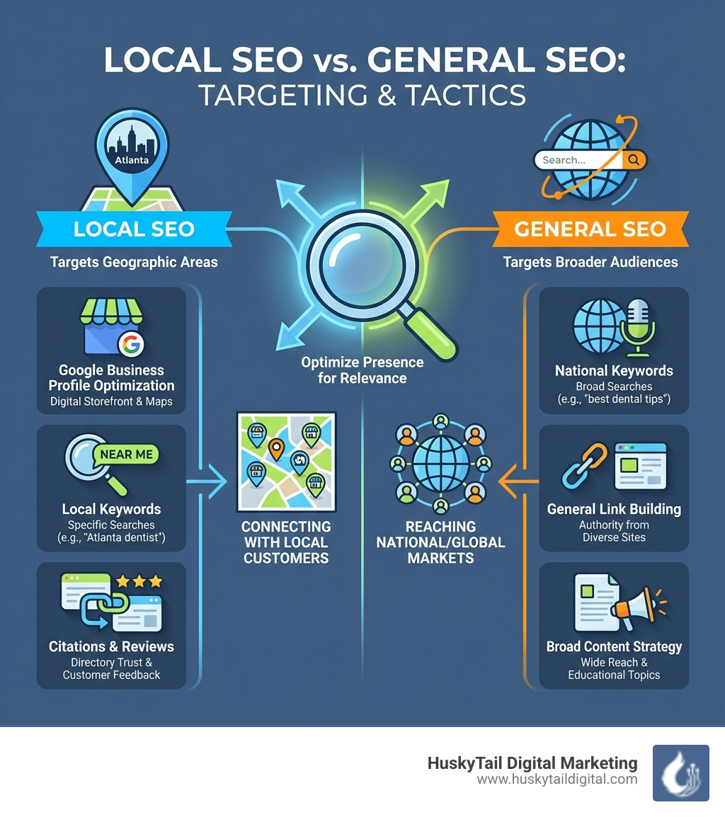 Infographic explaining the difference between Local SEO and General SEO: Local SEO targets geographic areas with Google Business Profile optimization, local keywords, citations, and reviews, while General SEO targets broader audiences with national keywords, general link building, and broad content strategy - Atlanta local search marketing infographic Infographic explaining the difference between Local SEO and General SEO: Local SEO targets geographic areas with Google Business Profile optimization, local keywords, citations, and reviews, while General SEO targets broader audiences with national keywords, general link building, and broad content strategy - Atlanta local search marketing infographic