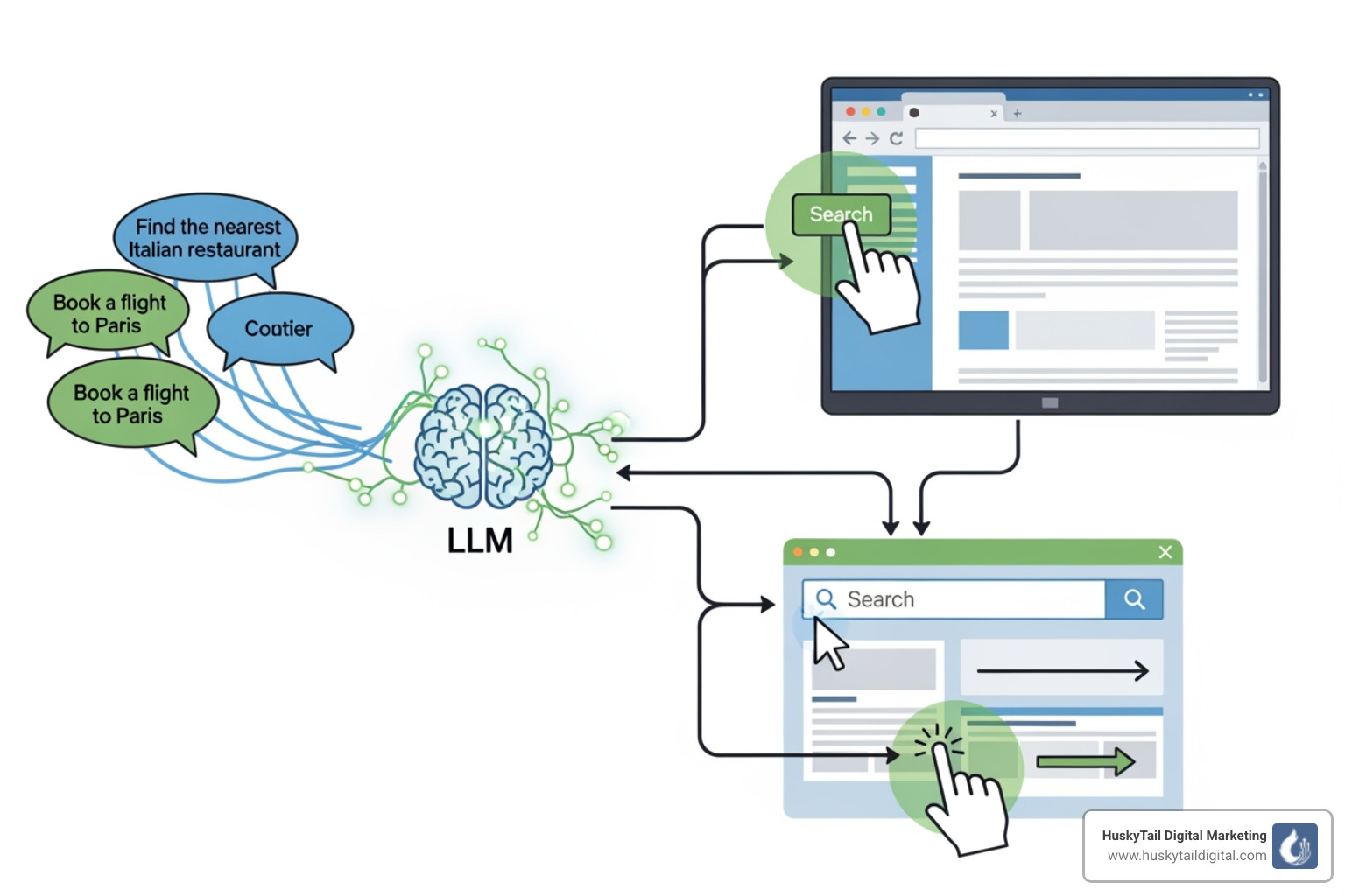 flowchart showing LLM processing user request into browser actions - agentic web browsing