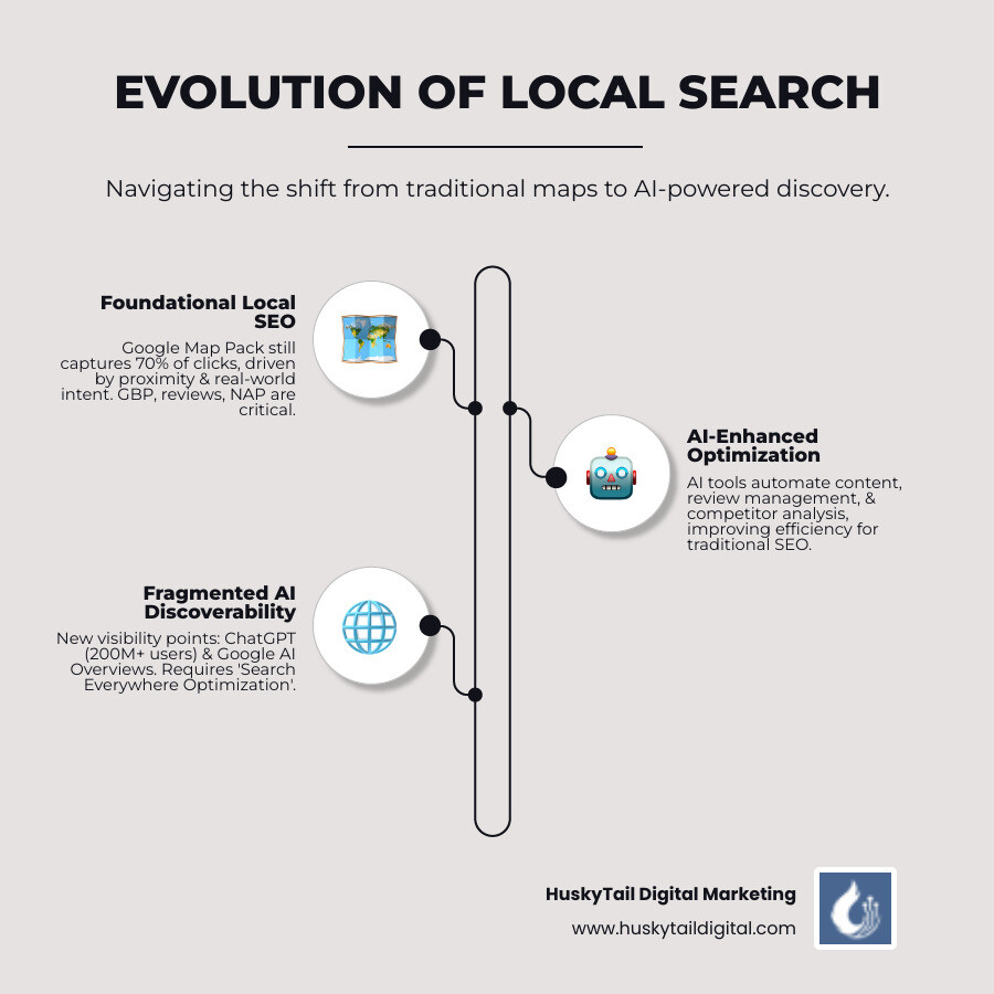 infographic showing the evolution of local search from traditional Google map results to modern fragmented AI landscape with multiple platforms including ChatGPT, Google AI Overviews, and traditional map pack, highlighting the 70% click rate for map pack and 200 million ChatGPT users - AI powered local SEO infographic infographic-line-3-steps-elegant_beige infographic showing the evolution of local search from traditional Google map results to modern fragmented AI landscape with multiple platforms including ChatGPT, Google AI Overviews, and traditional map pack, highlighting the 70% click rate for map pack and 200 million ChatGPT users - AI powered local SEO infographic infographic-line-3-steps-elegant_beige