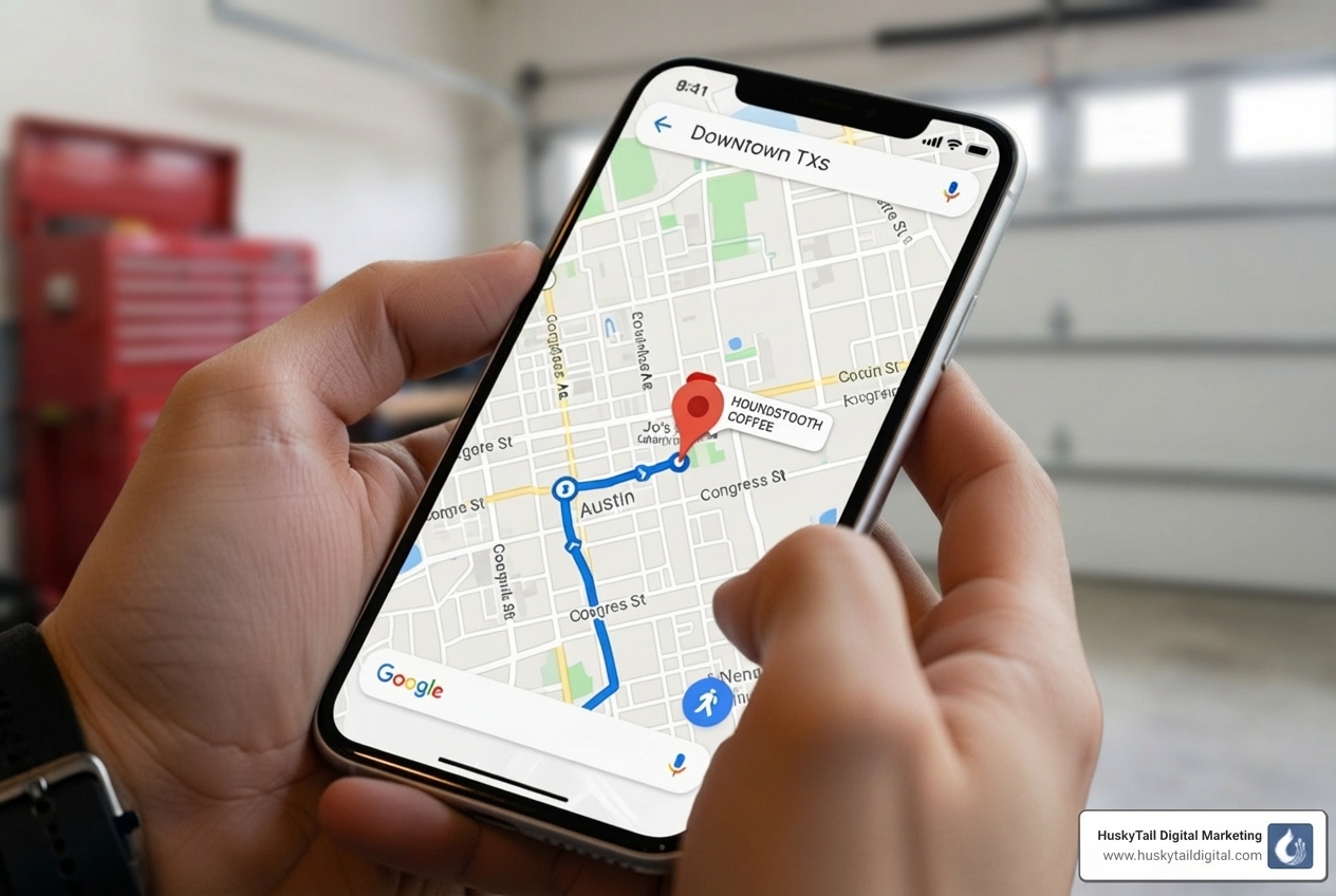 A person using their smartphone to find a local Austin coffee shop on Google Maps, with the coffee shop's pin highlighted - austin local seo company