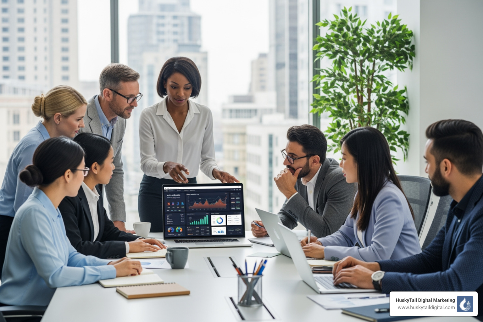 A diverse team of marketing professionals collaborating on a digital marketing strategy, with a laptop displaying analytics - austin local seo company