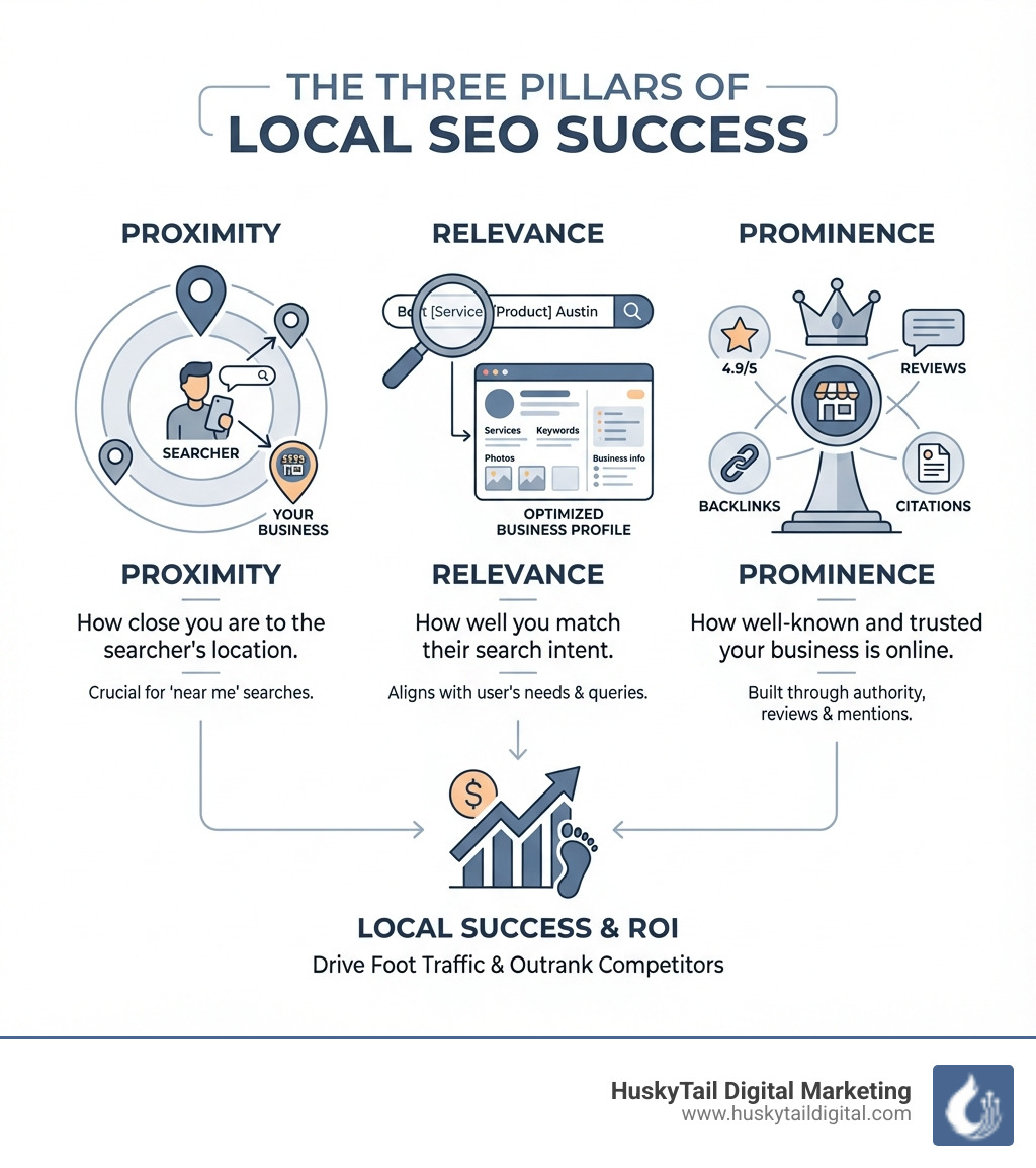 Infographic showing the three pillars of Local SEO success: Proximity (how close you are to the searcher), Relevance (how well you match their search intent), and Prominence (how well-known and trusted your business is online through reviews, citations, and backlinks) - austin local seo company infographic 