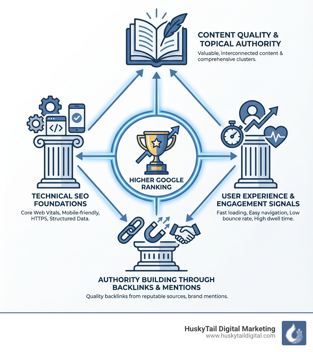 infographic showing the four core pillars of modern SEO: Content Quality and Topical Authority at the top, supported by Technical SEO Foundations on the left, User Experience and Engagement Signals on the right, and Authority Building through Backlinks and Mentions at the bottom, all centered around a trophy icon representing higher Google ranking - Higher Google ranking infographic 