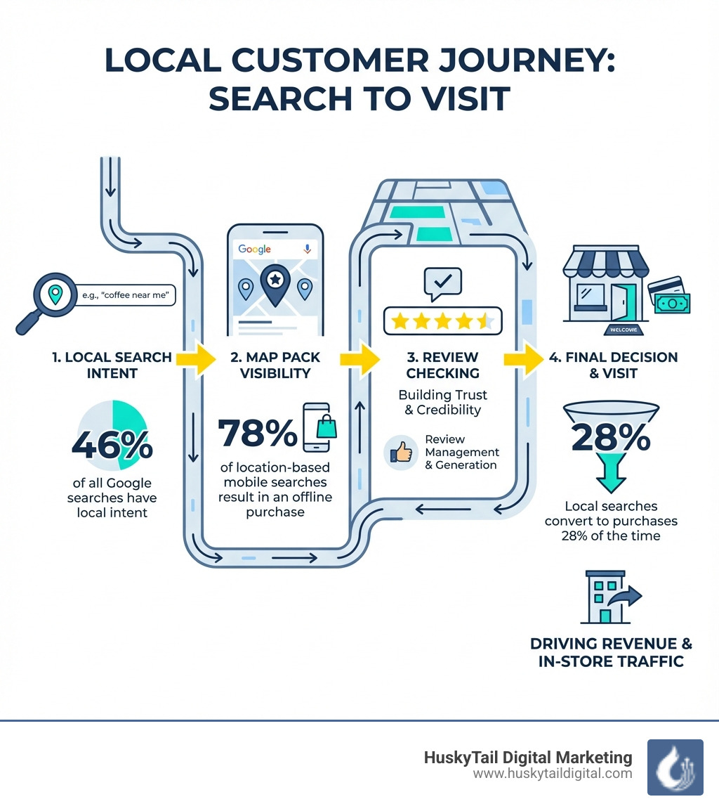 infographic showing the customer journey from local search query to business visit, including steps like search intent, map pack visibility, review checking, and final purchase decision with conversion statistics - local search optimization services infographic infographic showing the customer journey from local search query to business visit, including steps like search intent, map pack visibility, review checking, and final purchase decision with conversion statistics - local search optimization services infographic