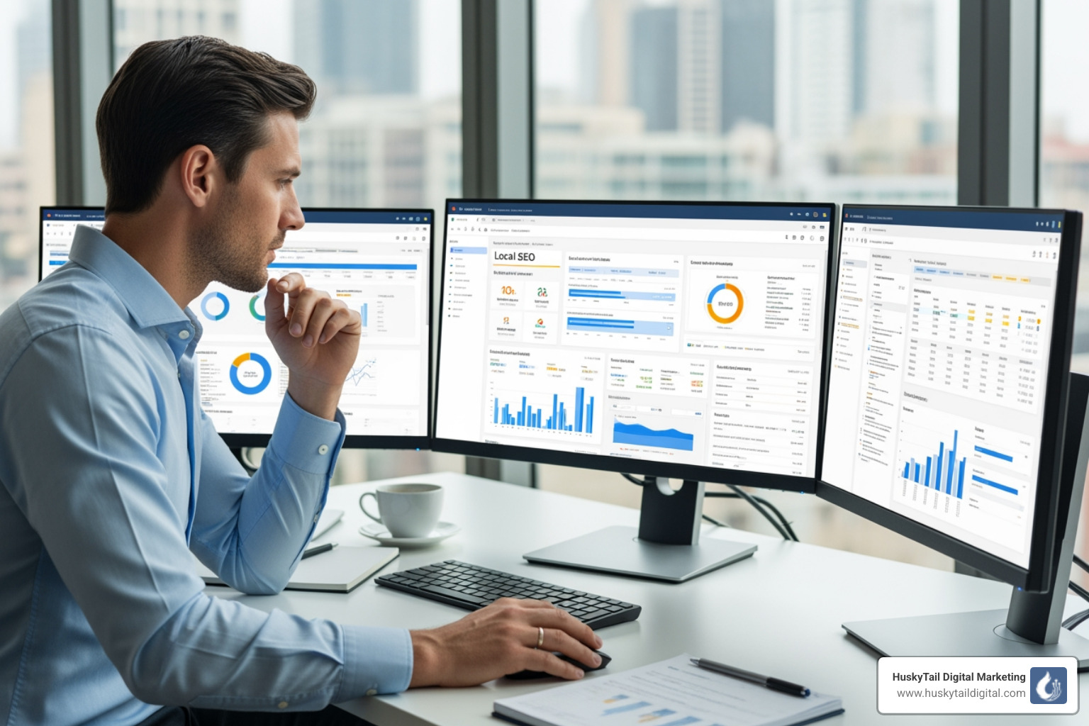 Image of a marketing expert analyzing a local SEO dashboard - local search optimization services Image of a marketing expert analyzing a local SEO dashboard - local search optimization services