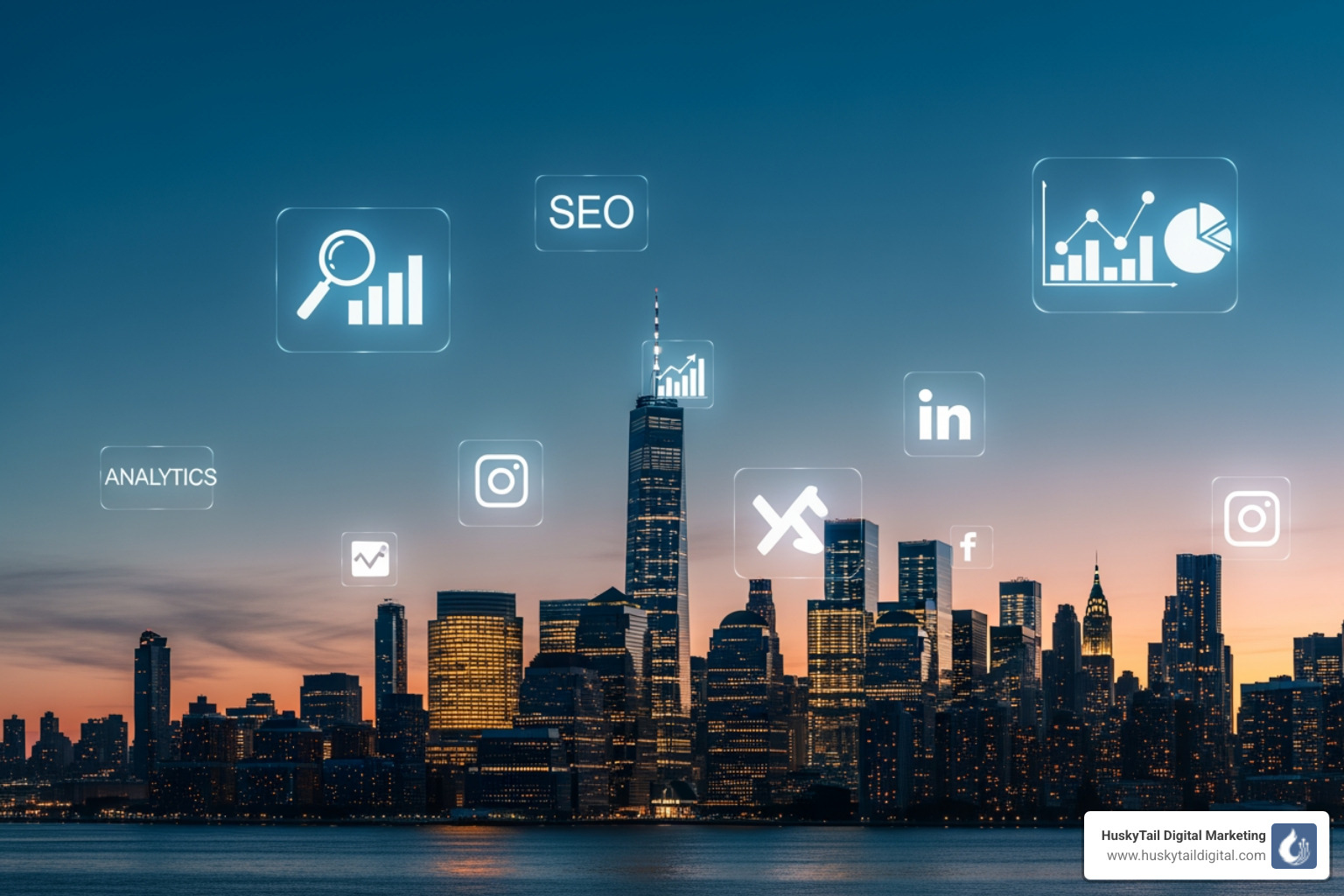 New York City skyline with digital marketing icons - local large business seo company new york New York City skyline with digital marketing icons - local large business seo company new york